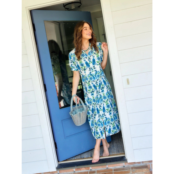 Beau & Ro Dresses & Skirts - Beau & Ro NWOT The Kris Dress White Leopard Love Cotton Midi Button Front Medium